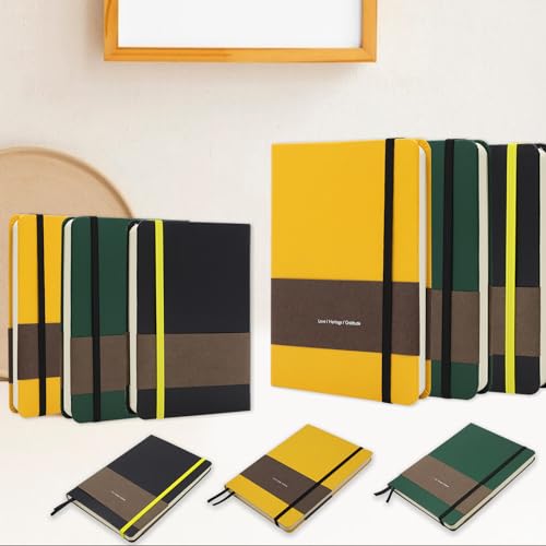 A6 Leather Hardcover Notebook - 2Pack 192 Pages Thick 100GSM Paper, Dotted/Grid/Blank, with Elastic Band & Inner Pocket for Writing, Sketching, Journaling (Yellow) - color: Yellow, size: A6