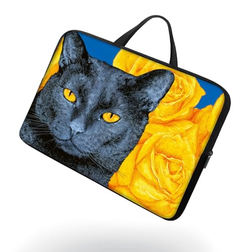 15 15.6 inch Laptop Sleeve with Handle, Black Cat Yellow Roses Water‑Resistant Laptop Carrying Case for MacBook Air 15 M2/M3/M4, for 15" 15.6" HP Dell Lenovo Asus Acer - color: Black Cat Yellow Roses, size: 15-16 inch Devices