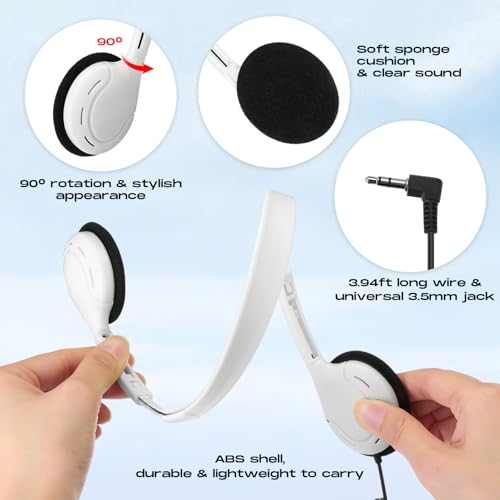 Yunsailing 30 Pack Bulk Over Ear Headphones Set On Ear Headsets Earphones with Adjustable Headband and 3.5mm Plug for Group Learning, Computer Lab, Library, Online Lesson (White) - color: White