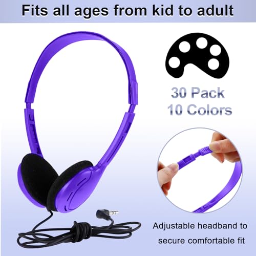 Yunsailing 30 Pack Bulk Over Ear Headphones Set On Ear Headsets Earphones with Adjustable Headband and 3.5mm Plug for Group Learning, Computer Lab, Library, Online Lesson (Purple) - color: Purple