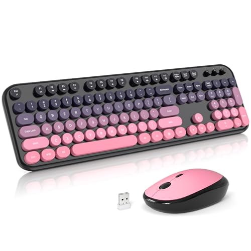 Wireless Keyboard and Mouse, SQMD Colorful Typewriter Retro Keyboard with Round Keycaps, 2.4GHz USB Full-Size Keyboard and Mouse Set for Mac PC Desktop Laptop-Plum Pink - color: Lovely Plum Pink