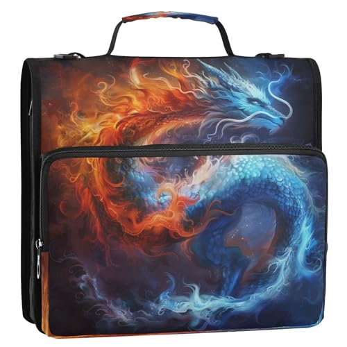 Caikeny 3 Ring Zipper Binder Fantasy Ice Fire Dragon 1.5 inch Binders Bag Blue Red with Shoulder Strap and Handle Expanding File Pockets - color: Multicolored 1z2.2