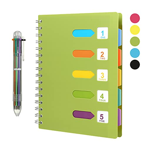 KESOTE 5 Subject Spiral Notebook with Divider Tabs, A5 Wide Ruled 5.7" × 8.5" Hardcover Tabbed Notebook Journal, 240 Pages, Green - color: Green