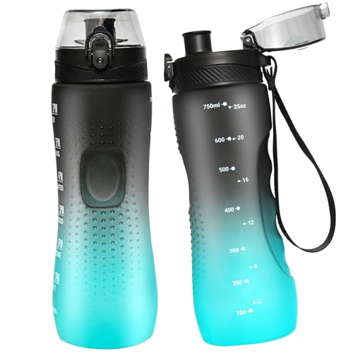 Water Bottle,25 oz Motivational Water Bottle with Time Marker,Sports Water Bottle with Carrying Strap,Leakproof & BPA Free,Reusable,for Teenager, Adult,Outdoors, Cycling, School & Office - color: Black/Green, size: 25.4 Ounces