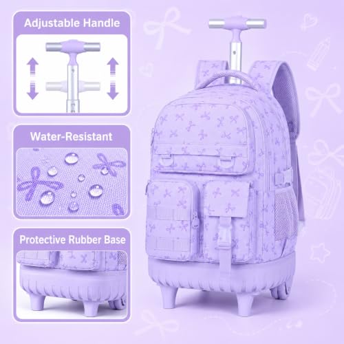 WZLVO 3PCS Girls Rolling Backpack, Water Resistance Roller Bookbag, Women Aesthetic Wheeled School Bag Set with Lunch Box & Pencil Bag for Teens & Kids - Purple Bow - color: 3pcs Girls Rolling Backpack - Purple Bow