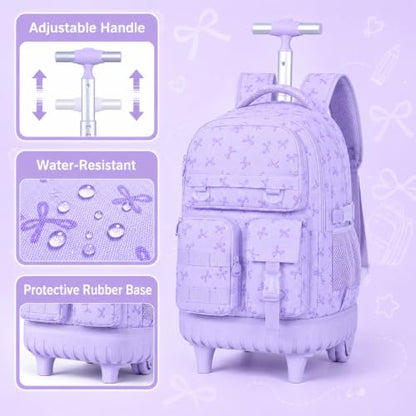 WZLVO 3PCS Girls Rolling Backpack, Water Resistance Roller Bookbag, Women Aesthetic Wheeled School Bag Set with Lunch Box & Pencil Bag for Teens & Kids - Purple Bow - color: 3pcs Girls Rolling Backpack - Purple Bow