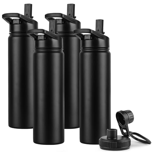 DOMICARE Insulated Water Bottle, 22 oz Vacuum Insulated Stainless Steel Reusable Sports Bottle with Straw Lid & Spout Lid for Travel, Camping, Bike, Leakproof, Black, 4 Pack - color: Black, size: 22oz/4 Pack