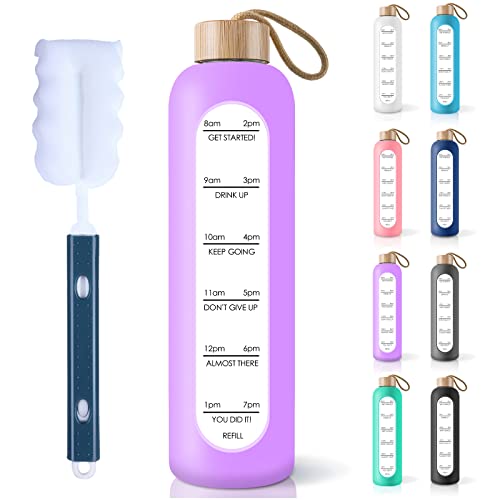 PROBTTL 32 Oz Borosilicate Glass Water Bottle with Time Marker Reminder Quotes, 1 Liter Leak Proof Reusable BPA Free Motivational Water Bottles with Silicone Sleeve and Bamboo Lid (Violet) - color: Violet, size: 32 Ounces