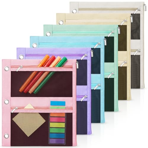 Lanpn 6 Pcs Pencil Pouch for 3 Ring Binder, 3 Pocket Zipper Binder Pouch, 9"x11" Binders Pencil Case, Pastel School Supplies for Student Office Home, Reinforced Grommets, Clear Window, Micro Mesh - color: 3 Pockets, size: 6 Pack