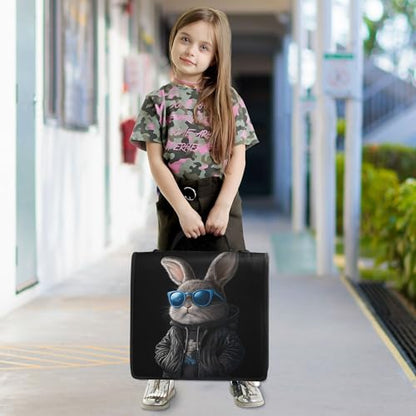 3 Ring Zipper Binder Cool Bunny Binder Organizer Portfolio with File and Shoulder Strap & Handle Large Capacity File Folder - color: Cool Bunny