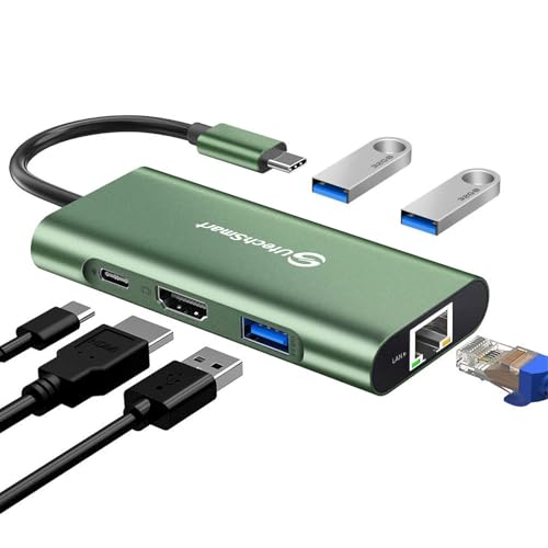 UtechSmart USB C Hub, Ethernet Multiport Adapter 6 in 1 USB C to HDMI Dock Compatible for MacBook Pro/Air, Chromebook, Dell XPS, HP and Type C Devices (Gigabit Ethernet 100W PD 4K HDMI USB 3.0) Green - color: Green