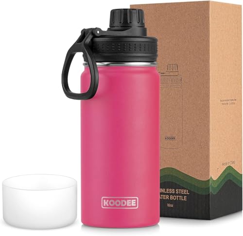 koodee Kids 16oz Stainless Steel Vacuum Insulated Water Bottle for Back to School Wide Mouth Flask with Leakproof Spout Lid (Pink Red) - color: Pink Red, size: 16 Ounces