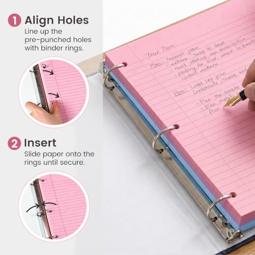 HIBOX Loose Leaf Paper Wide Ruled, 100 Sheets 8"x10.5" 3-Hole Punch, Pink | Anti-Bleed, 11/32" Spacing, Filler Paper for Binders, College, Office, School Supplies, Back to School & Classroom Must Haves - color: pink