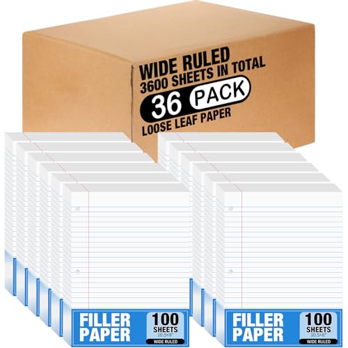 Fulmoon 36 Pcs 8" x 10-1/2" Wide Ruled Loose Leaf Paper 3 Hole Punched Notebook Paper 100 Sheets Per Pack, 56 Gsm, Filler Paper for Adults Students Binder College School - size: Wide Ruled