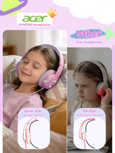 Acer Kids Headphones Wired for School - Over Ear Design, 85/94dB Safe Volume Limit, 3.5mm Jack Foldable Headphones for Toddler Boys Girls Classroom Yoto Player Chromebook Travel (Pink Purple) - color: Pink Purple
