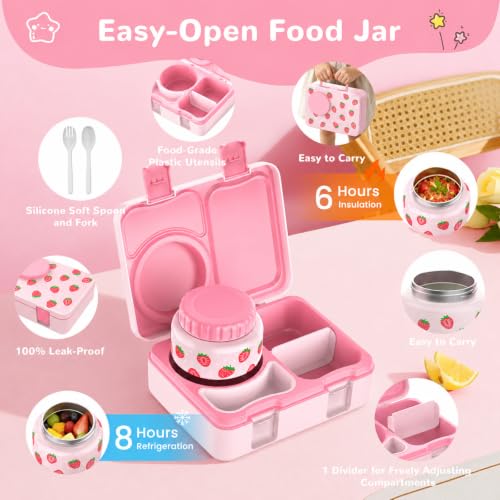Kids Lunch Box with Thermo, Leakproof Bento Box for Kids with 8OZ Insulated Food Jar, Ice Pack, Sauce Cup, Utensils, Removable Tray & Dividers for School Daycare Travel (Strawberries) - color: Strawberries