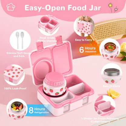 Kids Lunch Box with Thermo, Leakproof Bento Box for Kids with 8OZ Insulated Food Jar, Ice Pack, Sauce Cup, Utensils, Removable Tray & Dividers for School Daycare Travel (Strawberries) - color: Strawberries