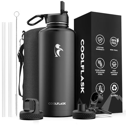Coolflask 87 oz Insulated Water Bottle Stainless Steel with Straw & 3 Lids | 2/3 Gallon Large Water Jug, Triple-Wall Vacuum, Cold 48+h/Hot 24+h, Dishwasher Safe, BPA-Free, for Gym & Hiking - color: Magic Black, size: 87 Ounces