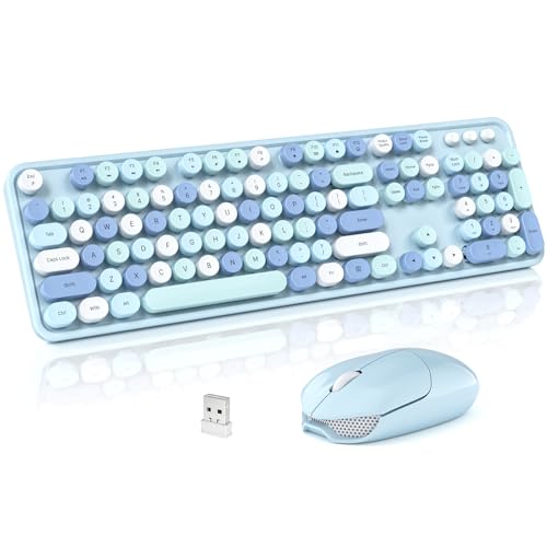 Wireless Keyboard and Mouse Combo, 2.4GHz Retro Full-Size Typewriter Keyboard with Number Pad and Wireless Mouse for PC/Laptop/Desktop/Windows (Pale Blue) - color: Pale Blue