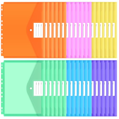 EOOUT 30pcs Binder Sleeves, Binder Pockets for 3 Ring, Binder Folders, 11 Holes, Letter Size, Snap Button Pouch with Label for School, Home and Office - color: Colorful