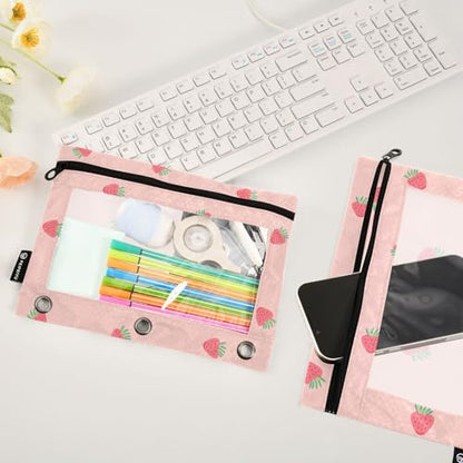 Fustylead Pink Strawberry Pencil Pouch Fits Standard 3-Ring Binders, Zipper Binder Pencil Bag with Clear Window for Office School Class Students 2 Pack - color: Pink Strawberry