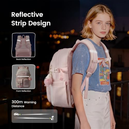 LOVEVOOK School Backpack for Teen Girls, Student Backpack Purse for 8-16 Teenage, Cute Kid Bookbag with Large Cup Holder, Back to School Backpacks Fit 15.6 Inch Laptop, Large College Travel Bag Gift - color: Light Green-white-pink With Reflective Strip, s
