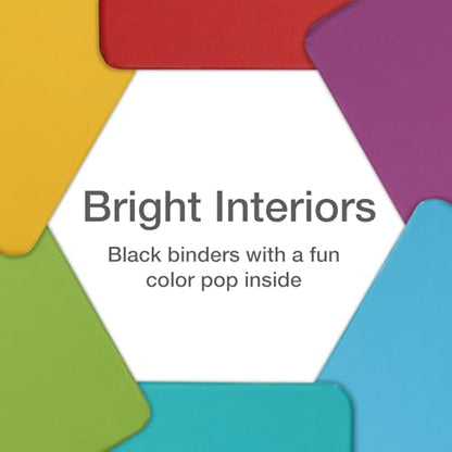 Cardinal Two Tone 3 Ring Binders, Binders for School and Office, Black/Rainbow, Durable 1.5 inch Round Rings, Holds 350 Sheets, Presentation Cover, Clear Pockets, Non-Stick, 6 Pack (1000834)