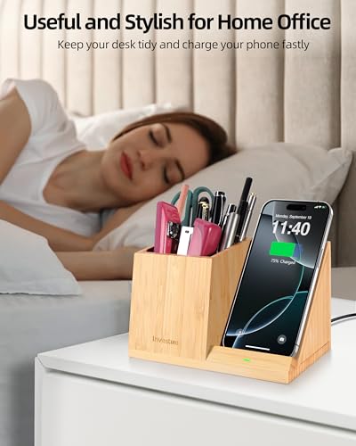 3-in-1 Bamboo Wireless Charger with Desk Organizer, Bamboo Pen Holder for Desk, 15W Fast Wireless Charger with Pen Holder for Home Office Supplies, Compatible with iPhone and Samsung - color: Bamboo