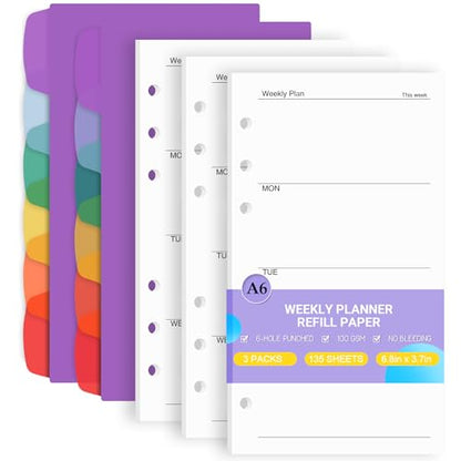Antner A6 Weekly Planner Refill Paper 6-Hole Planner Inserts for A6 6-Ring Refillable Binder, 135 Sheets Undated Weekly Plan Loose Leaf Filler Paper with Binder Dividers For Agenda Work Schedule - color: Weekly Plan Paper