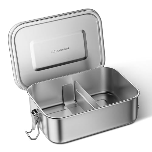G.a HOMEFAVOR Stainless Steel Bento Lunch Box - Leak-Proof Metal Bento Box, Large Food Container with Lock Clips, Snack Container, Dishwasher Safe, 2 Compartments, 800 ml/27 oz | Leak-Proof, Dishwasher Safe, BPA-Free, with Lock Clips & Removable Divider,