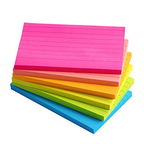 Lined Sticky Notes 3X5 in Bright Ruled Stickies Colorful Super Sticking Power Memo Pads Strong Adhesive, 6 Pads/Pack, 75 Sheets/pad - size: 3x5 in