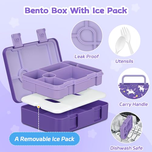 Bento Lunch Box Kids and 9oz Soup Thermos – 5.5-Cup Leakproof Kids Bento Box with Ice Pack & 9oz Insulated Food Jar – Hot & Cold Food Lunch Container for Boy Girl School, Purple Set - color: Purple Set