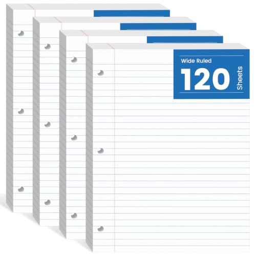 Loose Leaf Paper Wide Ruled, 8-1/2 x 11 In, 480 Sheets Filler Paper for 3-Ring Binder, Double-Printing Lined Paper, 3-Hole Punched Notebook Paper Binder Paper 8.5'' x 11'', 4 Pack, 120 Sheets/Pad - style: 8.5x11-Wide Ruled-4 Pack (480 Sheets)