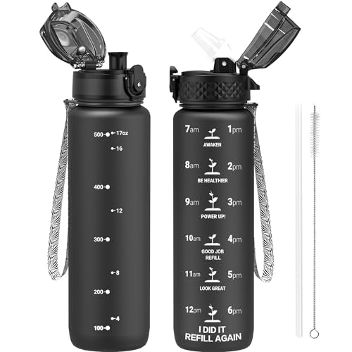 OLDLEY Kids Water Bottle for School, 17 oz (2 lids) BPA-Free Reusable Leak-proof Durable Tritan Plastic Water Bottles with Straw & Chug Lids, Anti-dust Spout Cover (Black) - color: Black, size: 17 Ounces