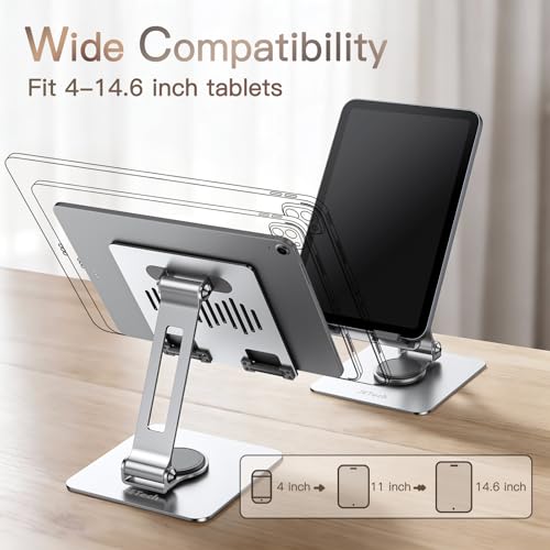 JETech Tablet Stand, Adjustable Swivel Desktop Holder with 360 Degree Rotating Base, Foldable Cradle for iPad/iPad Air/Pro/Mini, Galaxy Tab A11/A9/S11/S10 FE, Tab/Phones(4-13"), Silver - color: Silver