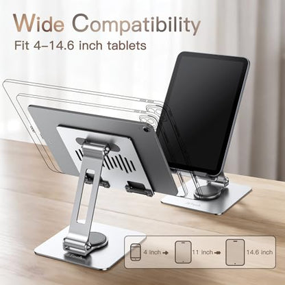 JETech Tablet Stand, Adjustable Swivel Desktop Holder with 360 Degree Rotating Base, Foldable Cradle for iPad/iPad Air/Pro/Mini, Galaxy Tab A11/A9/S11/S10 FE, Tab/Phones(4-13"), Silver - color: Silver