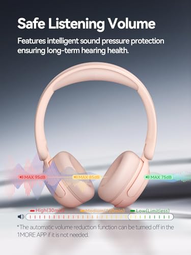 1MORE HQ20 Wireless On-Ear Headphones with Microphone, 85dB Safe Volume, 65H Playtime, Lightweight Foldable Bluetooth Headphones for School/Travel, Android and iOS Compatible, Pink - color: Pink