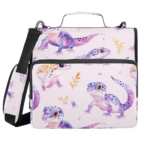 Cute Geckos Leaves 3 D-Ring 2 inch Zipper Binder Bag with Shoulder Strap, Multi-Pocket Portfolio Organizer Case for 13 Inch Laptop Middle School - color: Cute Geckos Leaves