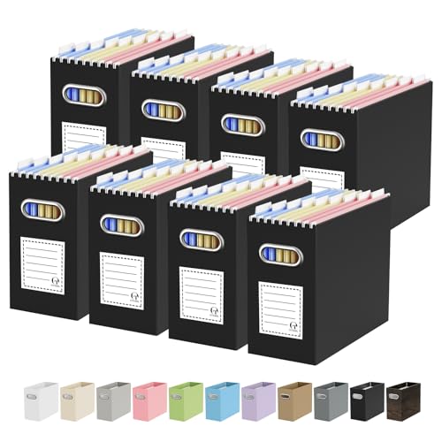 Oterri Portable Collapsible Cardboard File Box with Handle for Letter-Size | 8-Pack. Stainless Steel Handle. Label Stickers Included. Fits Letter Folders (Not Included). Home, Office, School, Dorm, Tax. - color: Black, size: Letter Size - 8 Packs