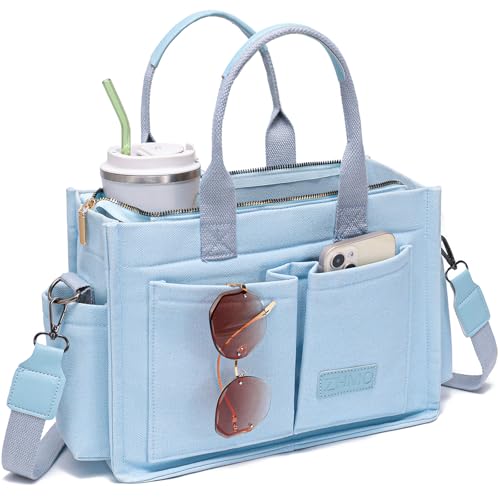 ZHMO Canvas Tote Bag for Women,Women's Bags Crossbody Bags Work Laptop Tote Bag Large Handbags Purse for Travel Nurse Teacher - color: New Upgrade Light Blue With Compartments and Side Cup Holders
