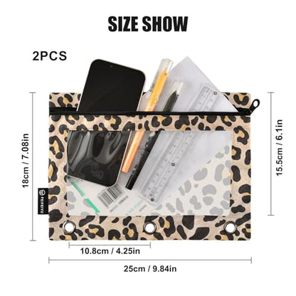 Brown Leopard Pencil Pouch for 3 Ring Binder 2 Pcs Binder Pouches with Zipper Pocket Pencil Case Bag with Clear Window for Office Work School Supplies - color: Brown Leopard