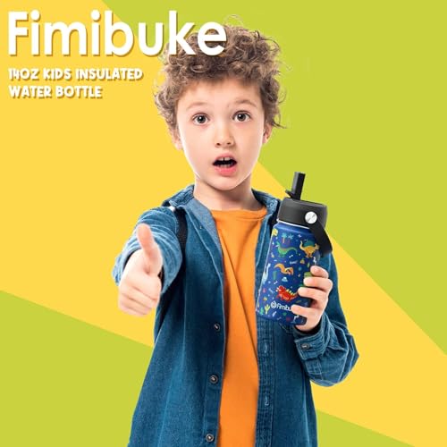 Fimibuke Kids Insulated Water Bottle, 14oz BPA FREE Double Wall Vacuum Tumbler 18/8 Stainless Steel Leak Proof Kids Cups with Straw Metal Bottles for School Boys Girls (2 Pack, Trucks/Green Dinosaur) - color: A9. Trucks+Green Dinosaur