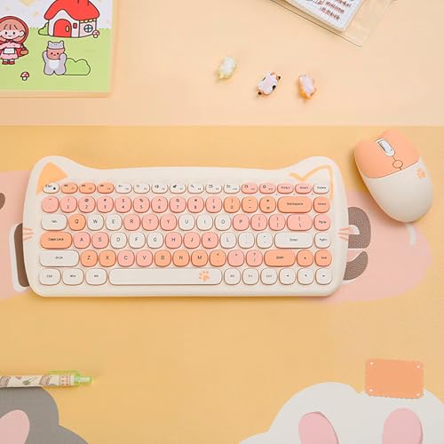 Cute Cat 2.4G USB Wireless Keyboard and Mouse Combo, Silent Keys, Candy Colors, Compatible with Notebook, PC (MilkTea-84Keys) - color: MilkTea-84Keys