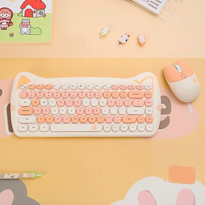 Cute Cat 2.4G USB Wireless Keyboard and Mouse Combo, Silent Keys, Candy Colors, Compatible with Notebook, PC (MilkTea-84Keys) - color: MilkTea-84Keys