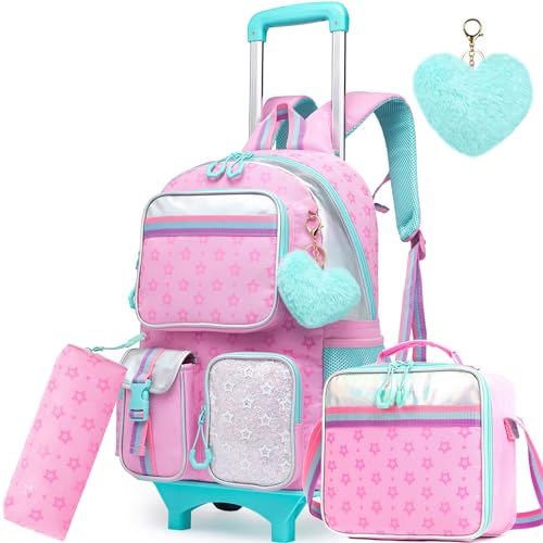 Meetbelify Pink Backpack with Wheels for Kids - Cute Carry On with Lunch Box & Pencil Case for Elementary Students - Travel Suitcase for Girls 8-10 - color: Star Pink