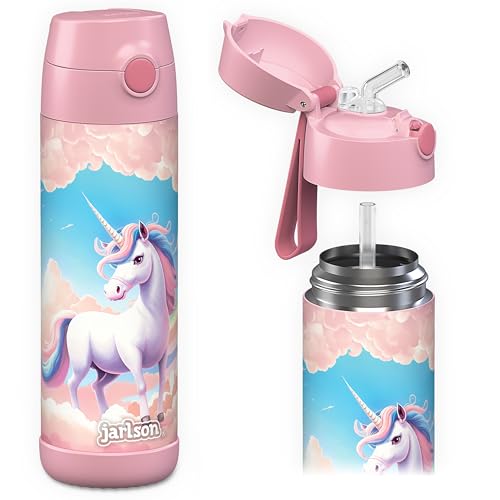 Jarlson® Kids Water Bottle CHARLI [18OZ] - Stainless Steel Thermos Bottle with Straw - Insulated Waterbottle Spill Proof for School & Sports - Thermo Tumbler for Boys & Girls (Unicorn) - color: Unicorn Pink, size: 18 Ounces