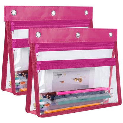 Pencil Pouch for 3 Ring Binder with 1.5 inch Expandable Large Capacity, Double Pockets Zipper Pencil Case, Pencil Binder Pouch for School Office Home, Rosy - color: rosy