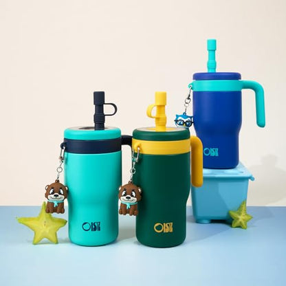 OISIZ 14oz Kids Tumbler with Straw Lid & Handle,Kids Cup with Animal Accessory for School,Kids Water Bottles with Dust-proof Cover,Leakproof Bottles,316 Stainless Steel,Keep Cold 24 Hours-dark green - color: grassland green