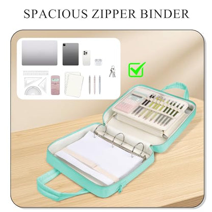 Zipper Binder | 3 Inch O-Ring, 600 Sheet Capacity Trapper Keeper with Shoulder Strap & Handle, Binder Bag with Multiple Storage Pockets, Fits 13" Laptop (Mint Green) - color: Mint Green