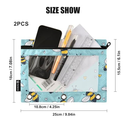 Fustylead Cute Cartoon Honrybee and Hearts Pencil Pouch with Clear Window for 3 Ring Binders, Zipper Pencil Case Cosmetic Bags for School Office Cosmetic Students Supplies, 2PCS - color: Blue01